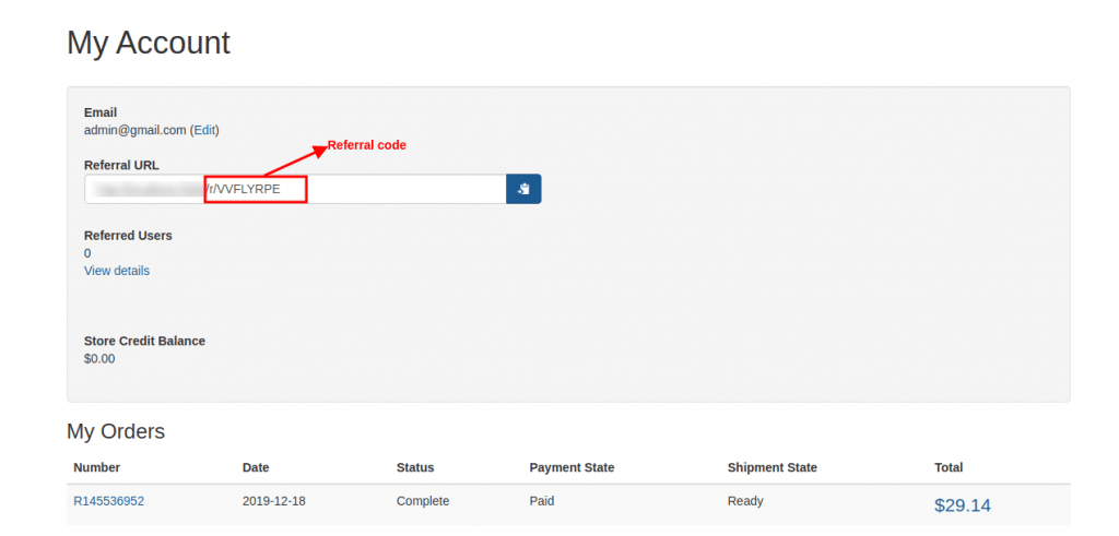 MyAccount panel of the affiliate user