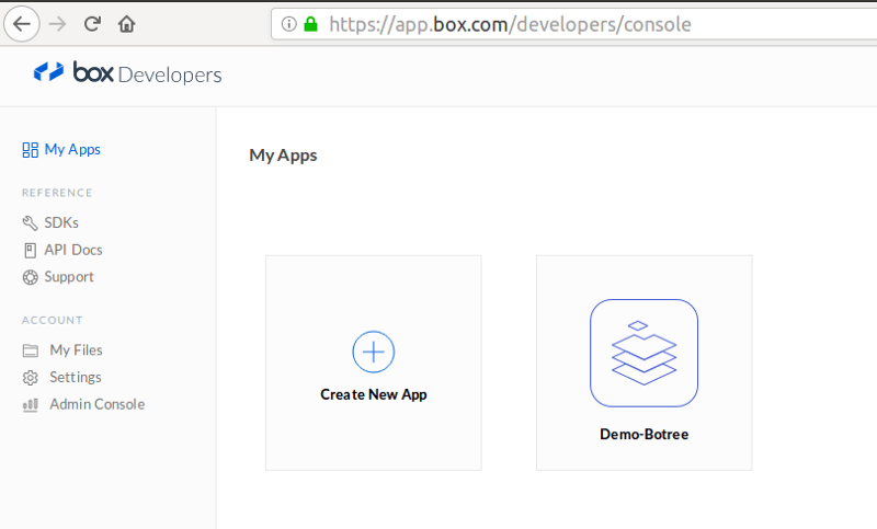 Create a new application by clicking My App using Box Developer dashboard