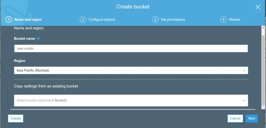 Add bucket name, region for which you want to create a bucket