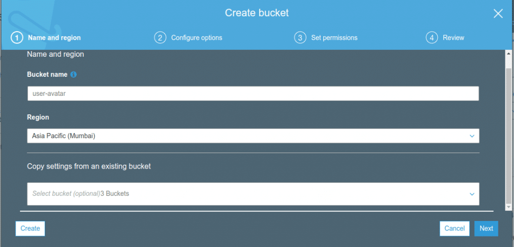 Add bucket name, region for which you want to create a bucket Add bucket name, region for which you want to create a bucket