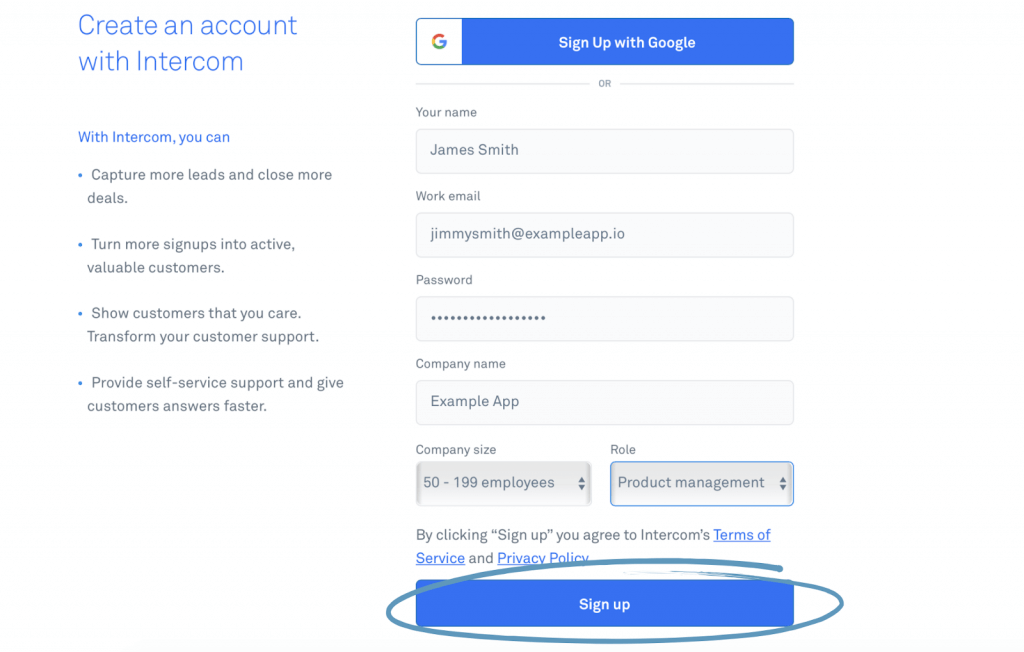 Create Account on Intercom